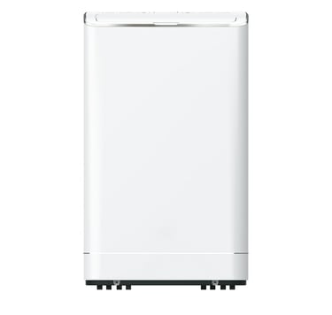 Sleek white portable air conditioner unit with a minimalist design and top-mounted control panel.